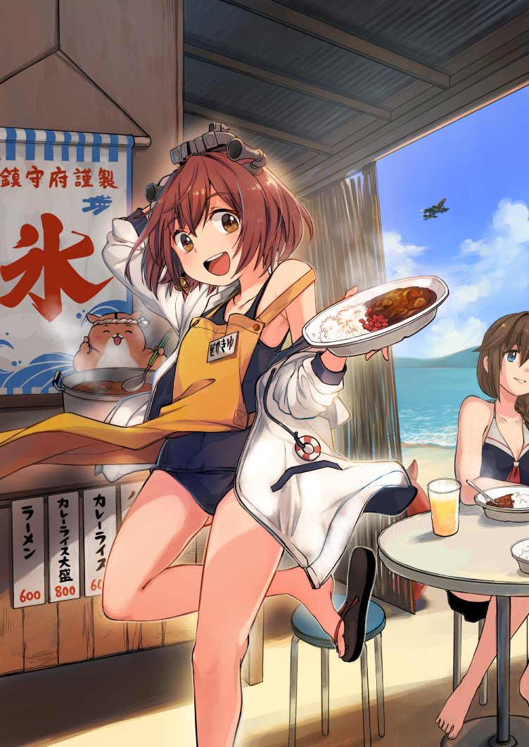 1other, 2girls, adapted_costume, admiral_(kancolle), apron, barefoot, beach, black_one-piece_swimsuit