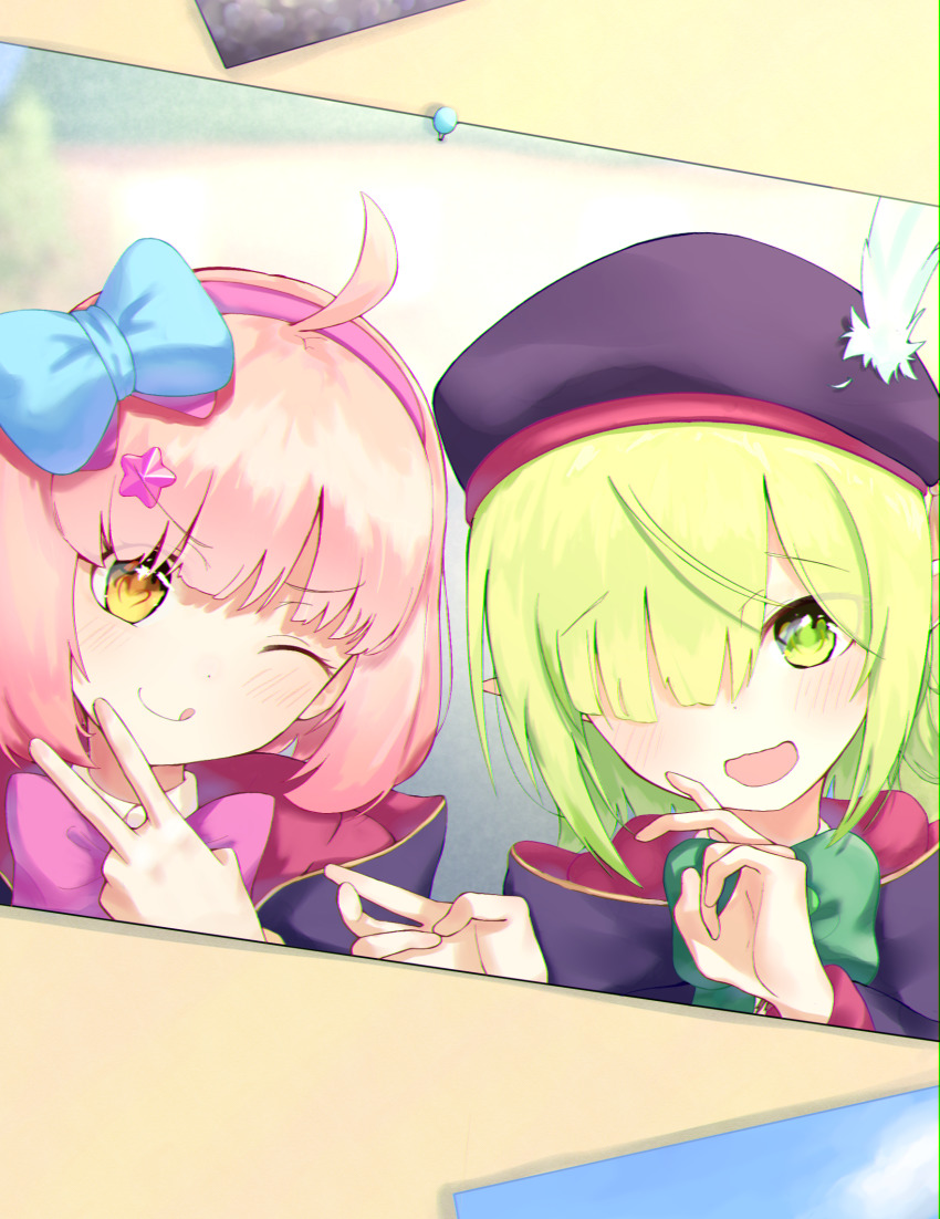 1boy, 1girl, amen_osora, aoi_(princess_connect!), chieru_(princess_connect!), elf, green_eyes, green_hair