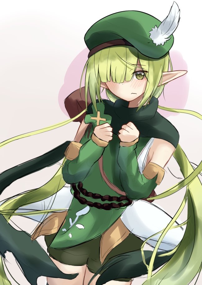 1girl, amen_osora, aoi_(princess_connect!), blush, elf, green_eyes, green_hair, pointy_ears