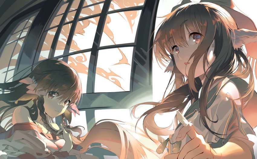 2girls, animal_ears, aquaplus, bcm, braid, brown_hair, closed_mouth, cloud