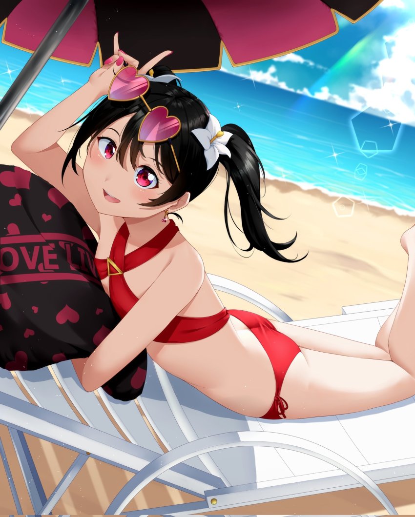1girl, artist_name, artist_request, ass, bare_legs, bare_shoulders, beach, bikini, bikini_skirt, black_hair, blue_sky, blush, bow, breasts, butt_crack, cleavage, cloud, collarbone, criss-cross_halter, day, feet_out_of_frame, female_focus, flat_chest, flower, hair_between_eyes, hair_bow, hair_flower, hair_ornament, halterneck, heart, heart-shaped_eyewear, heart_glasses, highres, holding, holding_pillow, long_hair, looking_at_viewer, love_live!, love_live!_school_idol_festival, love_live!_school_idol_project, nail_(hardware), nail_polish, ocean, outdoors, parted_lips, pillow, pink_nails, red_bikini, red_eyes, shangri-la_shower, short_hair, short_twintails, side-tie_bikini_bottom, sky, smile, solo, sparkle, sunglasses, sunglasses_on_head, sunlight, swimsuit, twintails, umbrella, white_flower, yazawa_nico