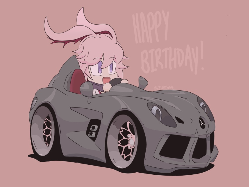 :d, animal_ears, car, happy, happy_birthday, highres, honkai_(series), honkai_impact_3rd, long_hair, mercedes-benz, mercedes-benz_slr_stirling_moss, motor_vehicle, open_mouth, pink_background, pink_hair, purple_eyes, rabbit_ears, self-upload, simple_background, smile, solo, toonzoku, vehicle_focus, yae_sakura