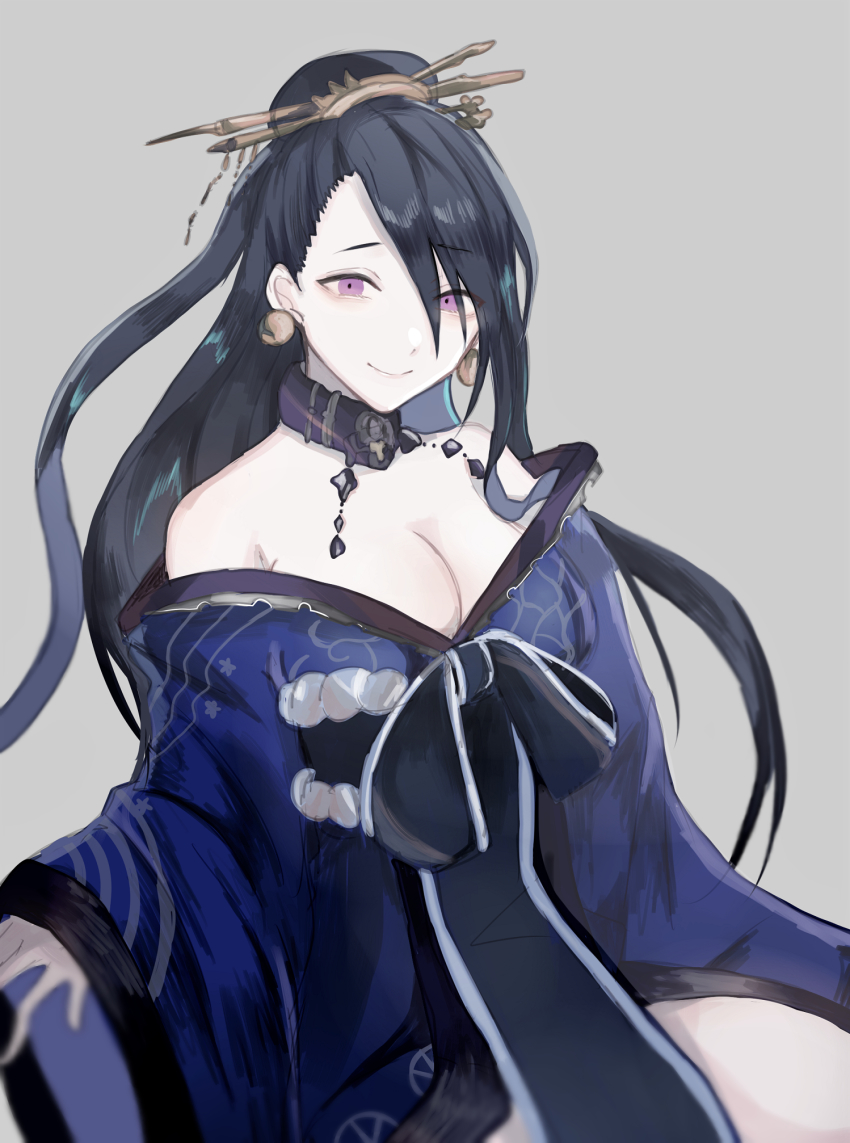 1girl, akitama2727, bare_shoulders, black_hair, blue_kimono, breasts, choker, cleavage