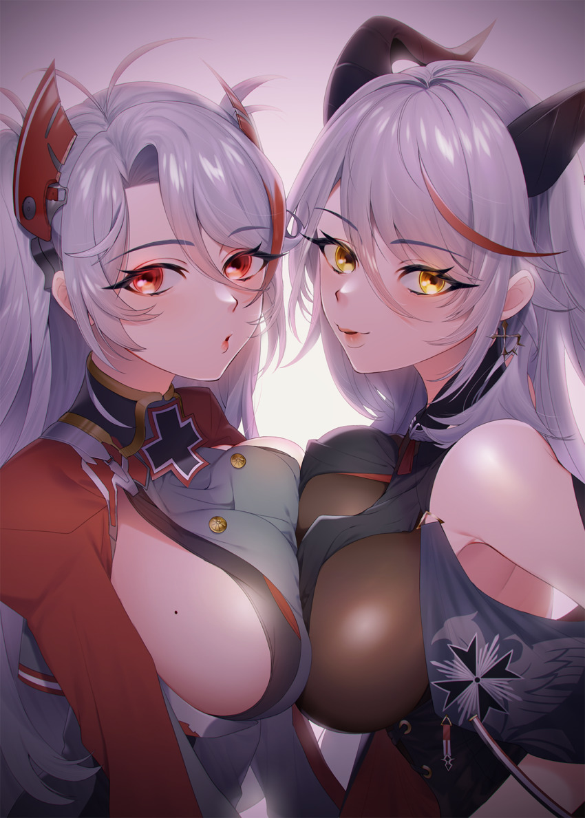 2girls, aegir_(azur_lane), azur_lane, bare_shoulders, black_cape, bodystocking, breast_curtains, breast_press, breasts, buttons, cape, cross, cross_earrings, demon_horns, earrings, headgear, highres, horns, impossible_clothes, iron_cross, jewelry, large_breasts, long_hair, looking_at_viewer, maitei_roppa, medal, mole, mole_on_breast, multicolored_hair, multiple_girls, prinz_eugen_(azur_lane), purple_background, red_eyes, red_hair, sideboob, simple_background, streaked_hair, symmetrical_docking, twintails, two-tone_hair, voice_actor_connection, white_hair, yellow_eyes