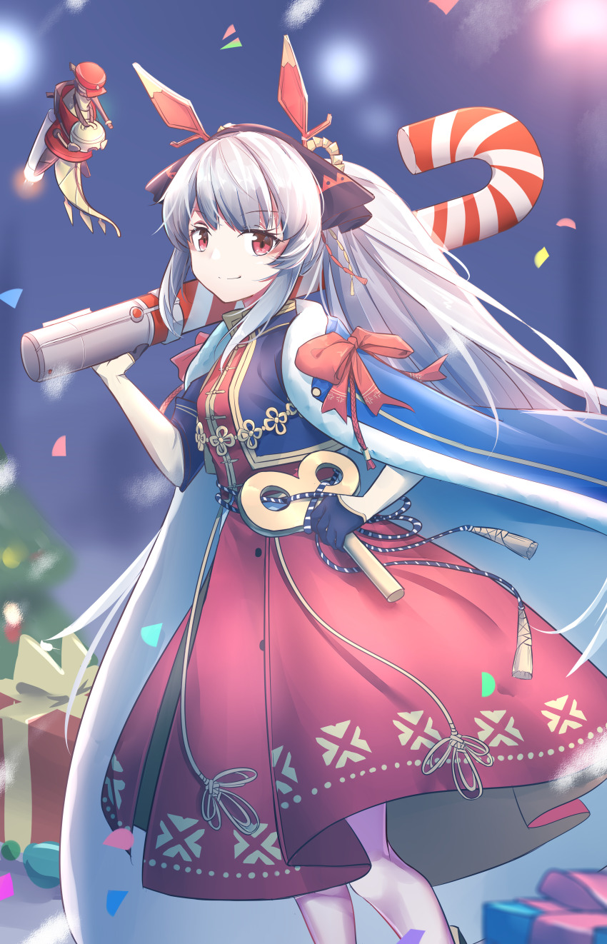1girl, absurdres, arknights, blue_cape, candy, candy_cane, cape, chinese_commentary