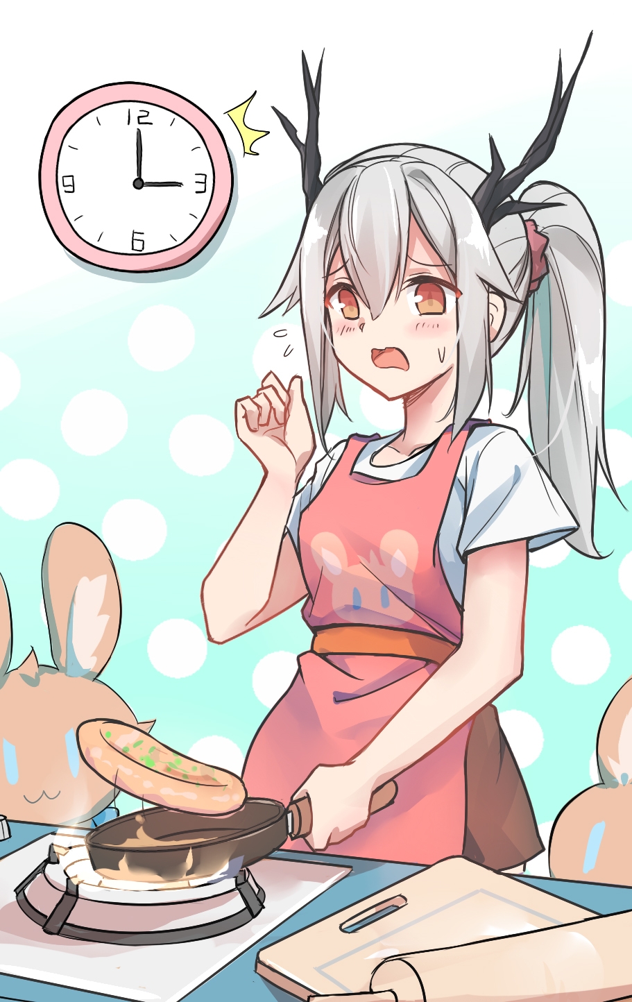 1girl, animal_print, antlers, apron, aqua_background, arknights, black_hairband, blush
