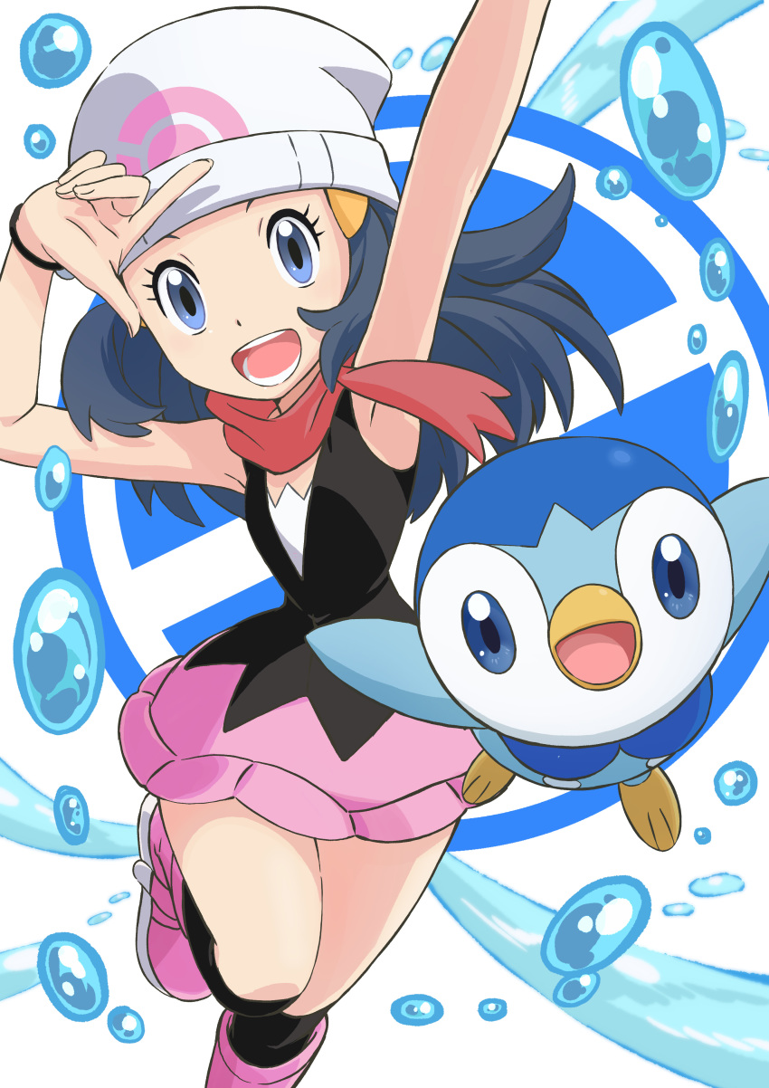 1girl, absurdres, arm_up, armpits, beanie, black_shirt, black_socks, blue_eyes, blue_hair, boots, bracelet, commentary_request, dawn_(pokemon), floating_hair, gen_4_pokemon, hands_up, hat, highres, jewelry, kneehighs, long_hair, narrow_waist, nintendo, official_art, open_mouth, pink_boots, pink_skirt, piplup, pointing, pointing_up, poke_ball_print, poke_ball_symbol, pokemon, pokemon_(anime), pokemon_(creature), pokemon_the_series:_diamond_and_pearl, red_scarf, scarf, shirt, skirt, sleeveless, socks, standing, standing_on_one_leg, teeth, water_drop, yasuda_shuuhei