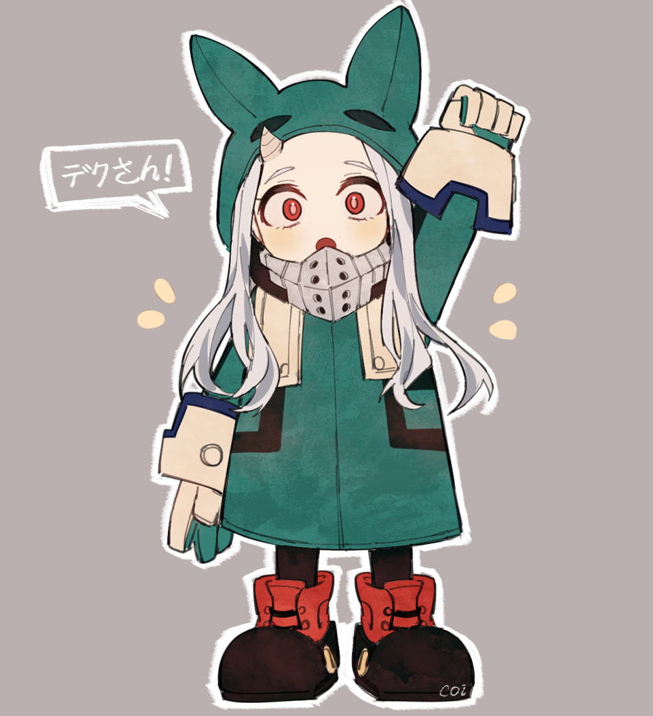 1girl, :o, animal_ears, arm_up, black_footwear, black_pantyhose, blush, boku_no_hero_academia, coi_mha, cosplay, eri_(boku_no_hero_academia), fake_animal_ears, gloves, green_jacket, grey_hair, hood, hood_up, horns, jacket, long_hair, mask, midoriya_izuku, midoriya_izuku_(cosplay), mouth_mask, open_mouth, outline, pale_skin, pantyhose, rabbit_ears, red_eyes, single_horn, solo, standing, translation_request, white_gloves, white_outline