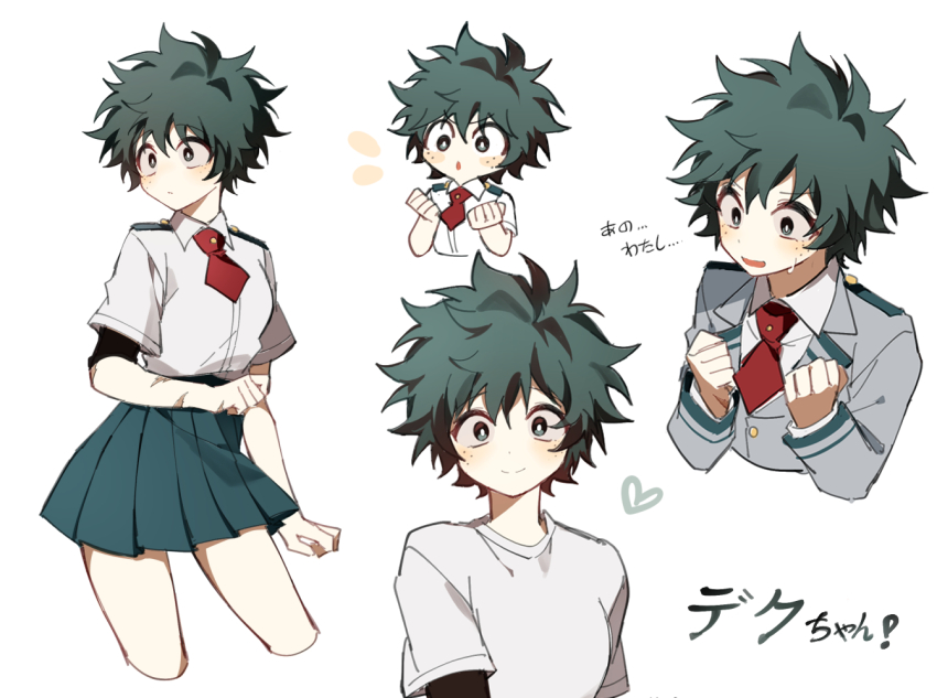 1girl, bad_id, bad_pixiv_id, black_eyes, boku_no_hero_academia, breasts, clenched_hands, coi_mha, female_focus, freckles, genderswap, genderswap_(mtf), green_hair, grey_background, grey_jacket, hands_up, heart, jacket, looking_at_viewer, medium_breasts, messy_hair, midoriya_izuku, multiple_views, necktie, pleated_skirt, red_necktie, school_uniform, shirt, short_hair, simple_background, skirt, smile, u.a._school_uniform