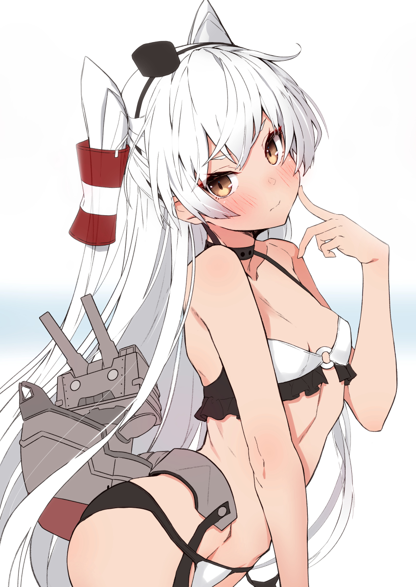 1girl, absurdres, amatsukaze_(kancolle), amatsukaze_(swimsuit)_(kancolle), bikini, blush, breasts, brown_eyes, closed_mouth, hair_tubes, highres, kantai_collection, long_hair, looking_at_viewer, o_o, rensouhou-kun, simple_background, small_breasts, solo, swimsuit, takanashi_kei_(hitsujikan), two_side_up, very_long_hair, white_background, white_hair