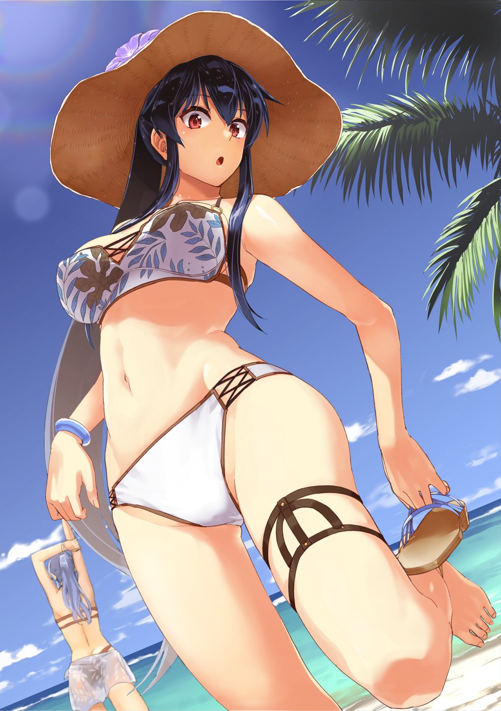 2girls, :o, abo_(hechouchou), ass, barefoot, beach, bikini, black_hair, blue_hair, breasts, brown_bikini, day, floral_print, from_below, gotland_(kancolle), gotland_andra_(2020_swimsuit)_(kancolle), gotland_andra_(2020_swimsuit_mode)_(kancolle), gotland_andra_(kancolle), hair_down, hat, highres, kantai_collection, long_hair, looking_at_viewer, looking_down, medium_breasts, multiple_girls, official_alternate_costume, open_mouth, outdoors, palm_tree, ponytail, red_eyes, sandals, sidelocks, solo_focus, sun_hat, swimsuit, tree, very_long_hair, white_bikini, yahagi_(kancolle)