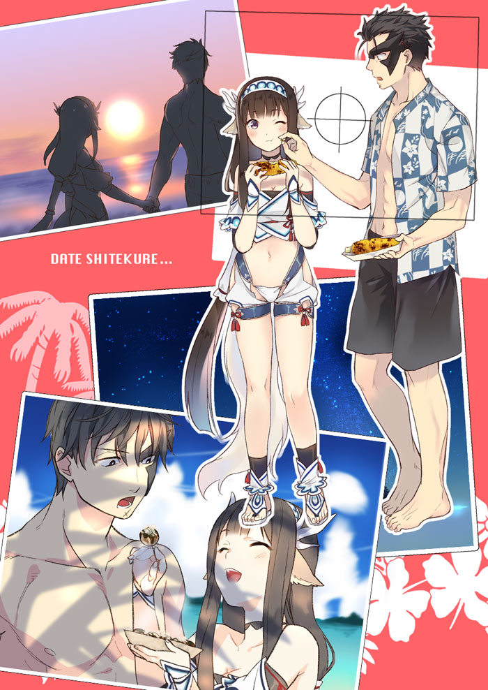 1boy, 1girl, absurdly_long_hair, ainu_clothes, akuta_(utawarerumono:_lost_flag), animal_ears, aquaplus, bare_shoulders, black_eyes, black_hair, blue_sky, blush, breasts, brown_hair, choker, cleavage, cleavage_cutout, clothing_cutout, cloud, cloudy_sky, collarbone, corn, eating, feet, flower, food, from_behind, from_side, full_body, fur, happy, headband, hip_vent, holding_hands, kosakichiii, large_breasts, long_hair, looking_at_another, mask, midriff, minagi_(utawarerumono), muscular, muscular_male, night, one_eye_closed, open_clothes, open_mouth, open_shirt, outdoors, purple_eyes, raised_eyebrows, sandals, scar, short_hair, shorts, sidelocks, sky, standing, star_(sky), starry_sky, sun, sunlight, swimsuit, tail, teeth, thighs, tongue, topless_male, utawarerumono, utawarerumono:_lost_flag, very_long_hair, water