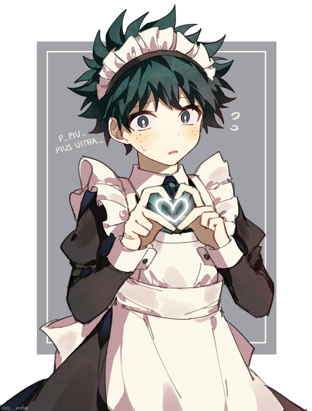 1boy, alternate_costume, apron, black_dress, blush, boku_no_hero_academia, coi_mha, commentary