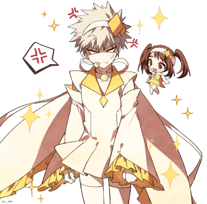 1boy, 1girl, :d, alternate_costume, amulet_dia, amulet_dia_(cosplay), anger_vein, bakugou_katsuki, blonde_hair, blush, boku_no_hero_academia, brown_hair, clenched_teeth, coi_mha, commentary, cosplay, detached_sleeves, dress, frills, hairband, highres, long_hair, long_sleeves, looking_at_viewer, male_focus, no_pupils, no_shoes, open_mouth, shirt, short_hair, shugo_chara!, skirt, smile, sparkle, sparkle_background, spiked_hair, spoken_anger_vein, teeth, thighhighs, twintails, uraraka_ochako, v-shaped_eyebrows, white_background, white_hairband, yellow_shirt, yellow_skirt, zettai_ryouiki