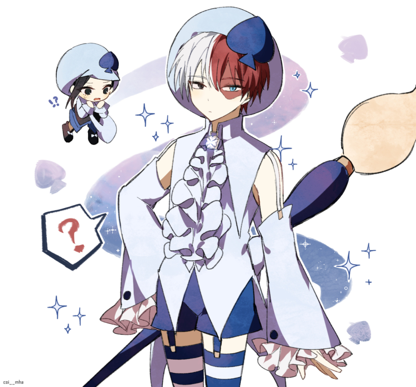 1boy, 1girl, ?, amulet_spade, amulet_spade_(cosplay), black_hair, blue_eyes, blue_headwear