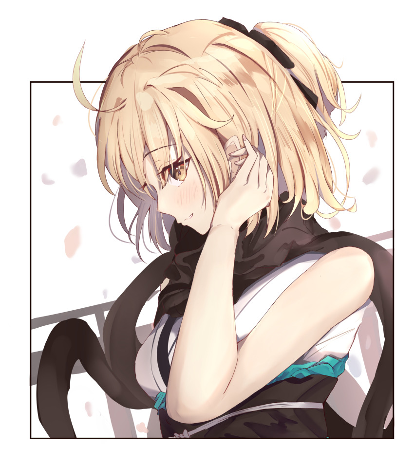 1girl, absurdres, black_ribbon, black_scarf, blush, cherry_blossoms, fate/grand_order, fate_(series)