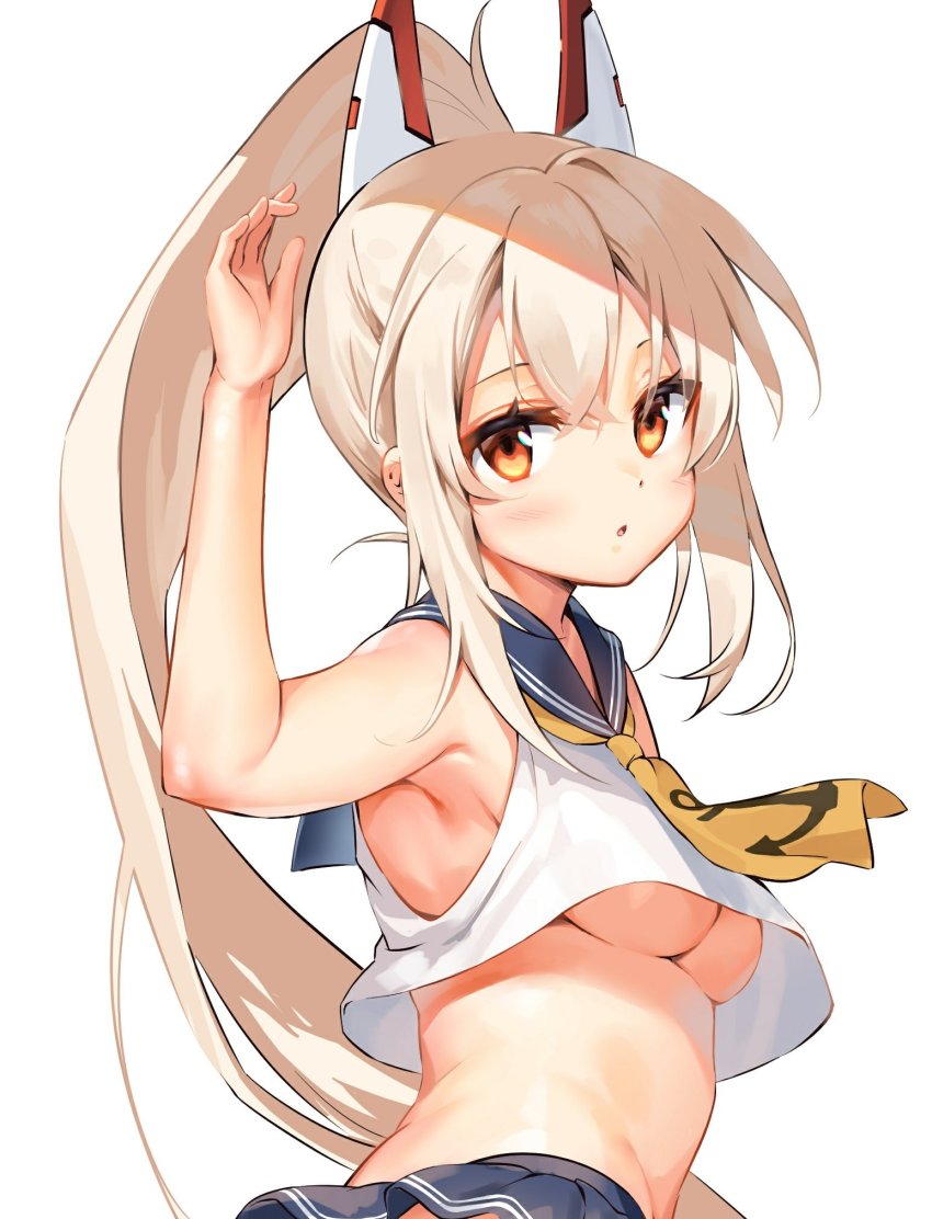 1girl, arm_up, armpits, ascot, ayanami_(azur_lane), azur_lane, bare_arms, bare_shoulders, blonde_hair, blue_skirt, breasts, crop_top, crop_top_overhang, highres, kiyosato_0928, long_hair, looking_at_viewer, mechanical_ears, microskirt, midriff, miniskirt, orange_eyes, parted_lips, ponytail, sailor_collar, school_uniform, serafuku, shirt, sidelocks, skirt, sleeveless, sleeveless_shirt, small_breasts, solo, underboob, upper_body, upshirt, very_long_hair, white_background, white_shirt