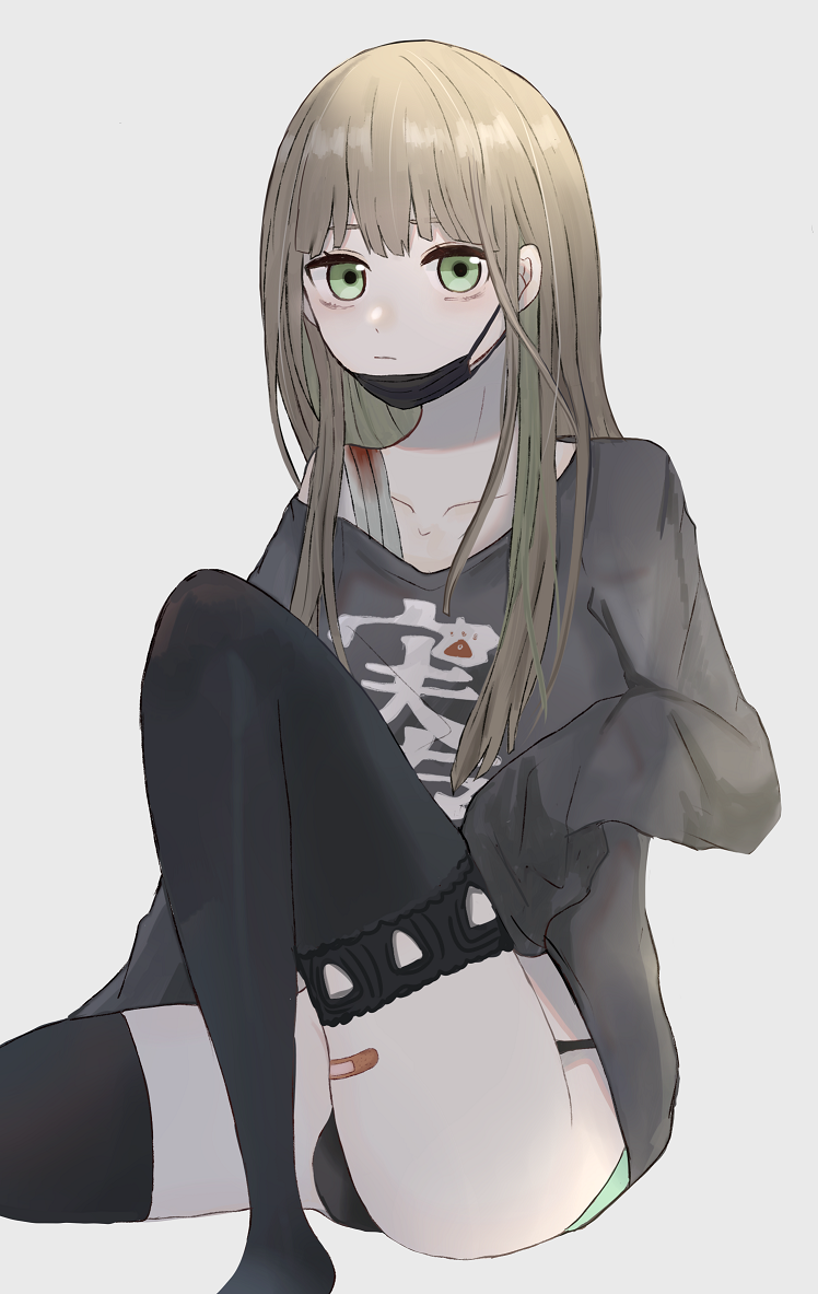 1boy, akitama2727, bandages, bandaid, black_panties, black_thighhighs, blood, bloody_bandages, brown_hair, closed_mouth, crossdressing, crossdressing_(mtf), green_eyes, gretel_(sinoalice), grey_background, grey_shirt, hair_between_eyes, invisible_chair, long_hair, long_sleeves, looking_at_viewer, mask, mouth_mask, panties, reality_arc_(sinoalice), shirt, simple_background, sinoalice, sitting, solo, thighhighs, trap, underwear