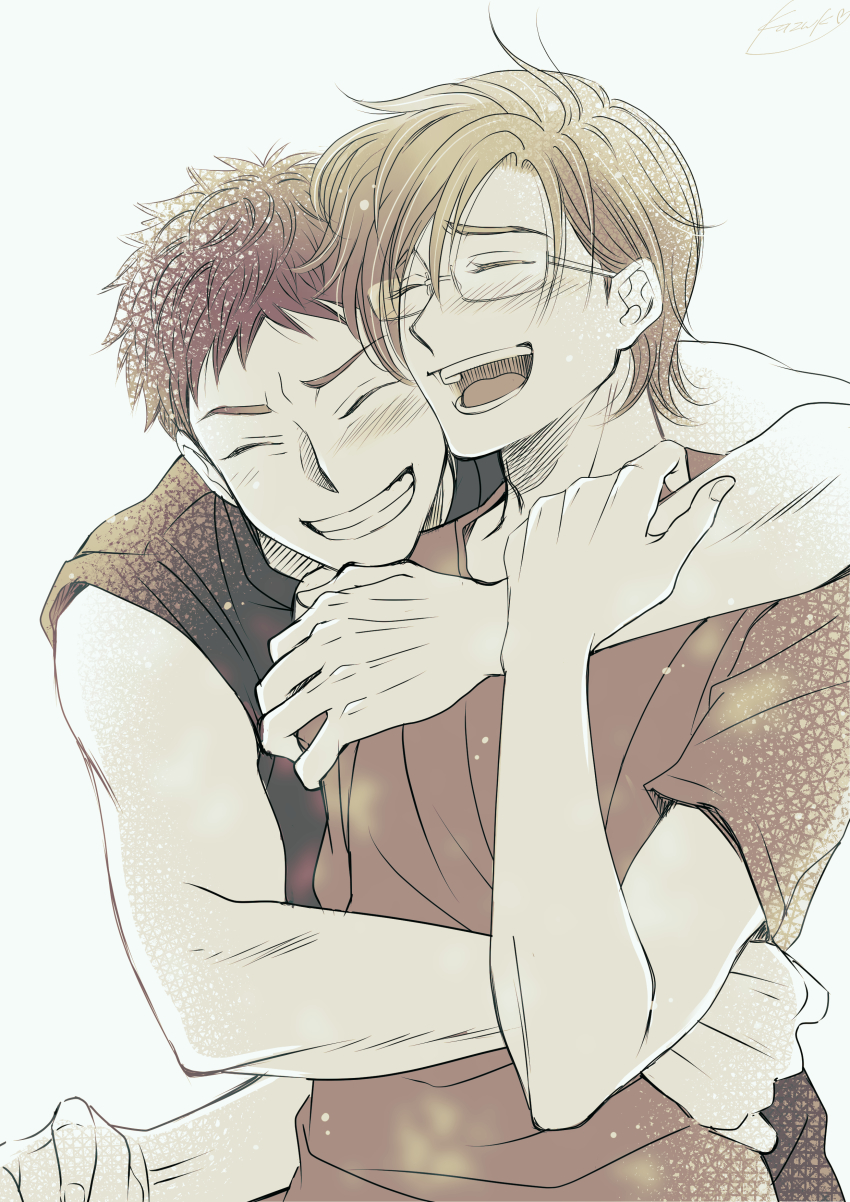 2boys, :d, absurdres, alternate_hair_color, bad_id, bad_pixiv_id, blonde_hair, blush