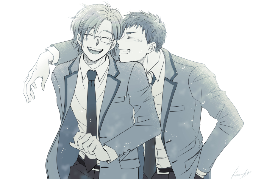 2boys, arm_around_shoulder, bad_id, bad_pixiv_id, bakuten!!, blazer, blush, closed_eyes, facing_another, glasses, greyscale, highres, jacket, kazuki_sara, laughing, long_sleeves, male_focus, monochrome, multiple_boys, necktie, school_uniform, shichigahama_masamune, smile, standing, tsukidate_keisuke, yaoi