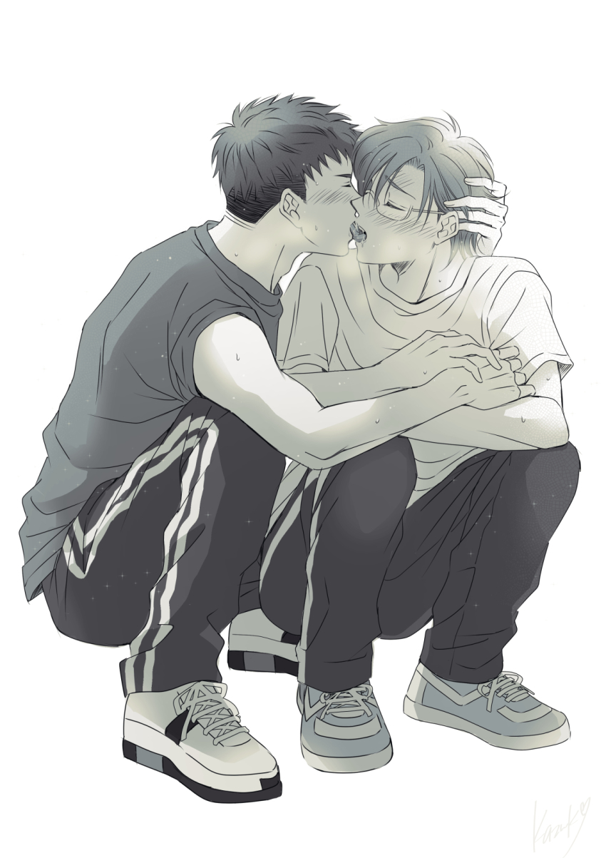 2boys, bad_id, bad_pixiv_id, bakuten!!, black_pants, blush, glasses, greyscale, hand_on_another's_arm, highres, hug, kazuki_sara, kiss, male_focus, monochrome, multiple_boys, pants, shichigahama_masamune, shirt, shoes, simple_background, sneakers, squatting, t-shirt, tongue, tsukidate_keisuke, white_background, white_shirt, yaoi