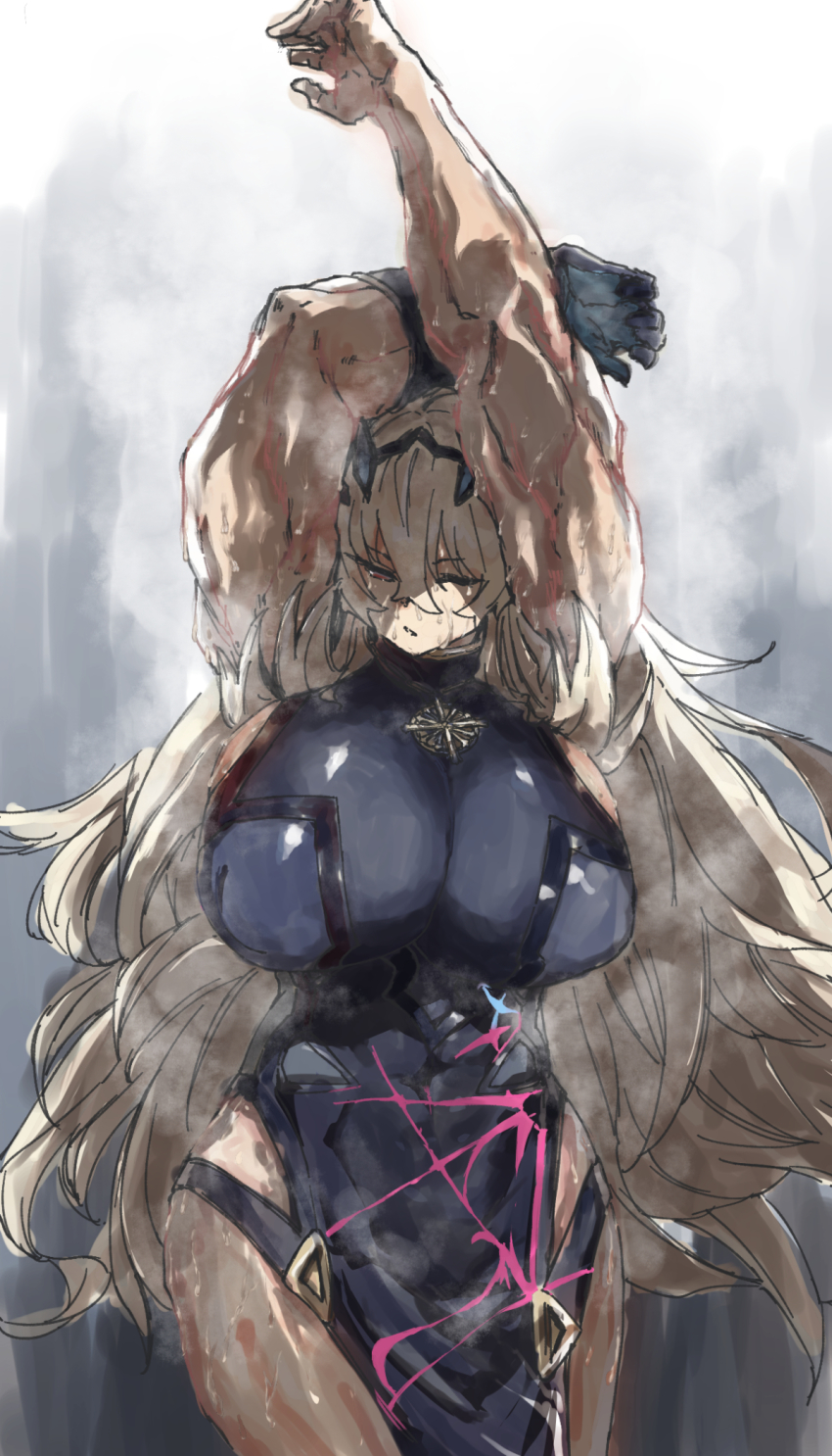 1girl, abs, armpits, arms_up, bare_shoulders, barghest_(fate), barghest_(second_ascension)_(fate), black_dress, blonde_hair, breasts, brown_pantyhose, covered_navel, dress, fate/grand_order, fate_(series), futeiki_kaisai_shin_corner, highres, horns, large_breasts, long_hair, looking_at_viewer, muscular, muscular_female, one_eye_closed, pantyhose, pelvic_curtain, red_eyes, sideboob, sweat, wet