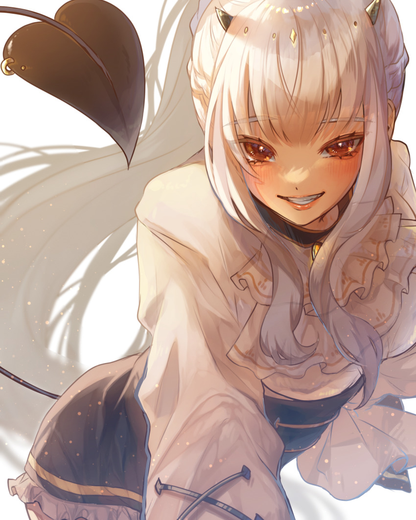 1girl, absurdres, black_corset, black_skirt, blush, brown_eyes, corset, demon_horns