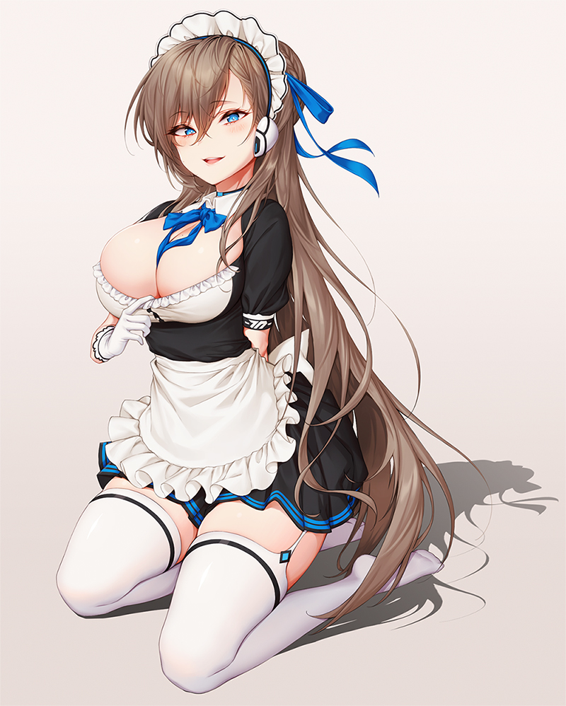 1girl, apron, arm_behind_back, asuna_(blue_archive), black_dress, blue_archive, blue_eyes, blue_neckwear, bow, bowtie, bra, bra_pull, breasts, brown_hair, cleavage, clothes_pull, dress, full_body, garter_straps, gloves, hachihachy, headphones, large_breasts, long_hair, looking_at_viewer, maid, maid_headdress, mole, mole_on_breast, neck_ribbon, neckwear_between_breasts, no_shoes, open_mouth, photoshop_(medium), ribbon, shadow, short_sleeves, solo, teeth, thighhighs, underwear, upper_teeth_only, white_apron, white_gloves, white_thighhighs