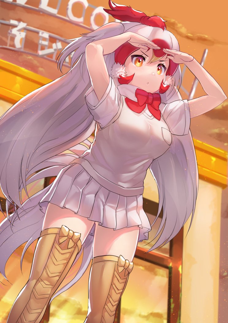 1girl, bird_tail, boots, bow, bowtie, chicken_(kemono_friends), cloud, commentary