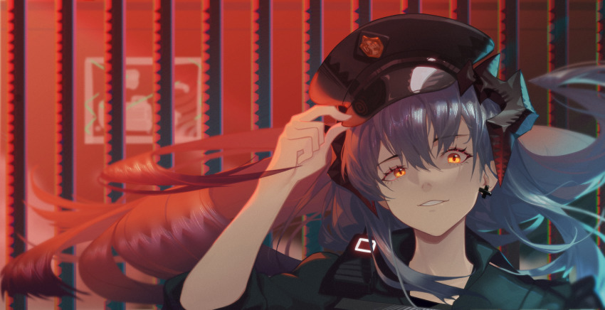 arknights, chrix, earrings, grey_hair, hat, hat_tip, highres, horns, jewelry, long_hair, official_alternate_costume, orange_eyes, police, police_uniform, policewoman, prison, saria_(arknights), saria_(the_law)_(arknights), smirk, solo