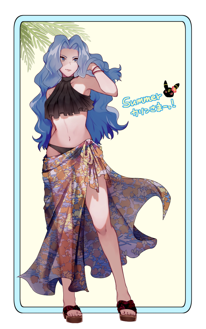 1girl, alternate_costume, arm_behind_back, bad_id, bad_pixiv_id, bikini, blue_eyes, blue_hair, border, bracelet, closed_mouth, collarbone, commentary_request, eyelashes, full_body, gen_2_pokemon, hand_up, jewelry, john_(user_wmrz3824), karen_(pokemon), knees, long_hair, looking_to_the_side, navel, nintendo, pokemon, pokemon_(creature), pokemon_heartgold_and_soulsilver, sandals, sarong, solo, standing, summer, swimsuit, toes, translation_request, umbreon, white_border