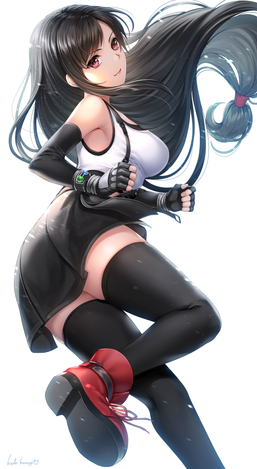 1girl, absurdres, artist_name, bare_shoulders, black_gloves, black_hair, black_skirt, black_thighhighs, boots, breasts, clenched_hand, commentary, elbow_gloves, final_fantasy, final_fantasy_vii, final_fantasy_vii_remake, fingerless_gloves, gloves, highres, kudo_kunugi, leg_up, lips, long_hair, low-tied_long_hair, medium_breasts, miniskirt, red_eyes, signature, simple_background, skirt, sleeveless, smile, solo, square_enix, suspender_skirt, suspenders, thighhighs, tifa_lockhart, white_background, zettai_ryouiki