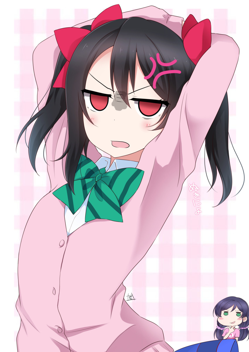 1girl, 2girls, ;), ;o, absurdres, anger_vein, arm_over_head, artist_name