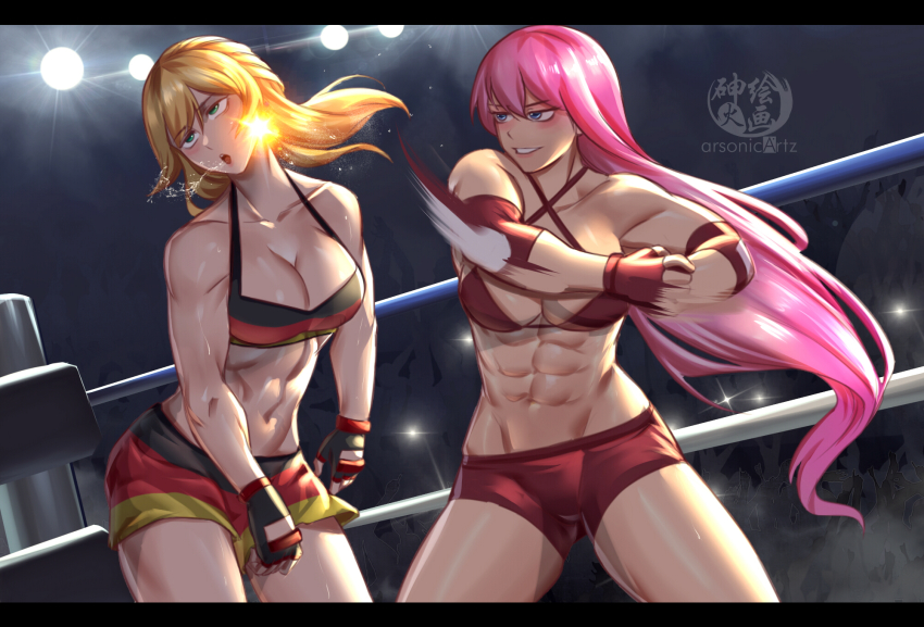 2girls, abs, arsonichawt, black_gloves, blonde_hair, blue_eyes, boxing_ring, breasts