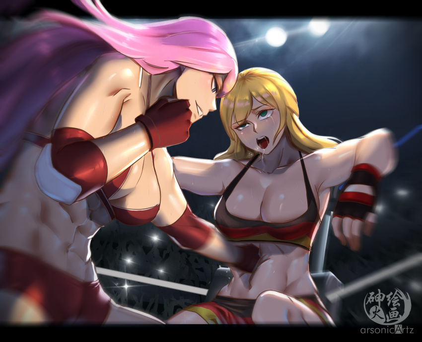 2girls, abs, absurdres, arsonichawt, black_gloves, blonde_hair, blue_eyes, boxing_ring