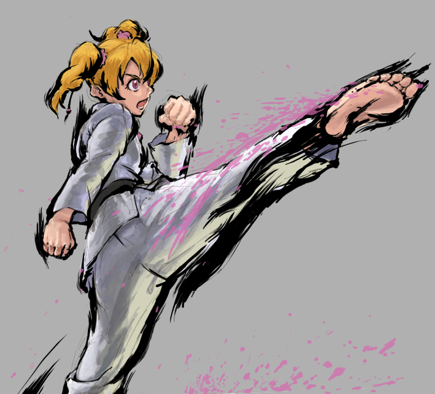 1girl, barefoot, blonde_hair, capcom, dougi, feet, female_focus, fresh_precure!