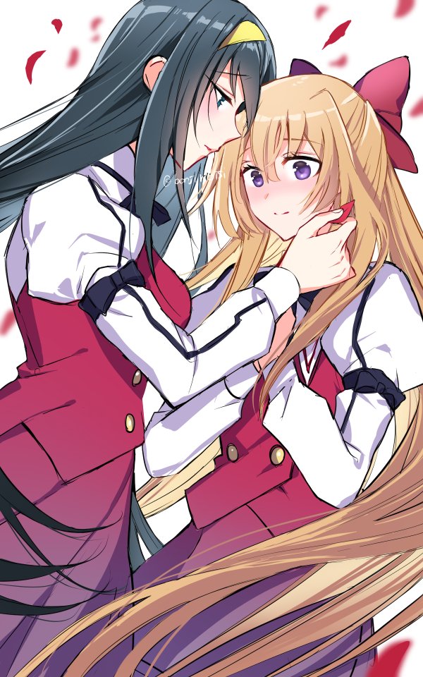 2girls, black_hair, blonde_hair, blue_eyes, blush, bow, commentary_request, face-to-face