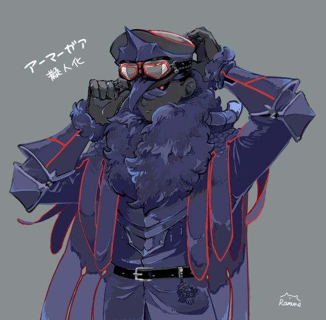 1boy, adjusting_clothes, adjusting_headwear, artist_name, belt, black_headwear, black_sclera, black_skin