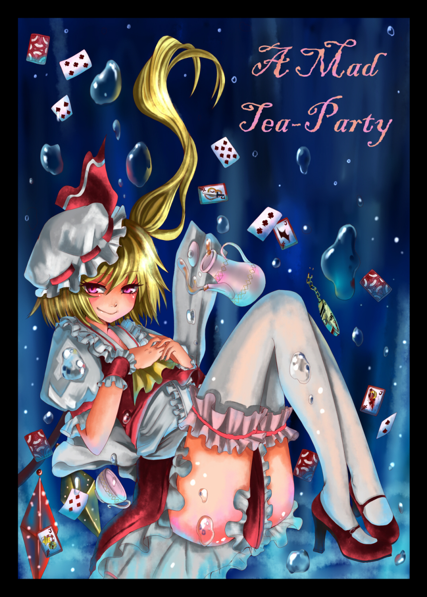 1girl, alice_(afternoon_gleam), alice's_adventures_in_wonderland, blonde_hair, card, crossover, cup, embodiment_of_scarlet_devil, female_focus, flandre_scarlet, floating_card, frilled_thighhighs, frills, hat, highres, legs, letterboxed, mary_janes, parody, pocket_watch, ponytail, red_eyes, shoes, short_hair, side_ponytail, solo, teacup, thighhighs, touhou, watch, wings