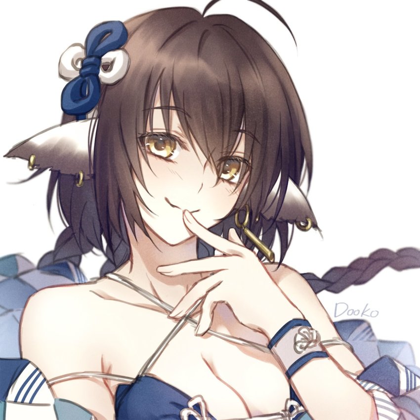1girl, aged_up, ahoge, animal_ears, anju_(utawarerumono), aquaplus, blush, braid, breasts, brown_eyes, brown_hair, cleavage, cleavage_cutout, closed_mouth, clothing_cutout, collarbone, dookoco, earrings, finger_to_mouth, hair_between_eyes, hair_ornament, head_tilt, highres, jewelry, large_breasts, long_hair, looking_at_viewer, portrait, raised_eyebrows, sidelocks, signature, smile, solo, swimsuit, utawarerumono, utawarerumono:_itsuwari_no_kamen, utawarerumono:_lost_flag, very_long_hair, wristband