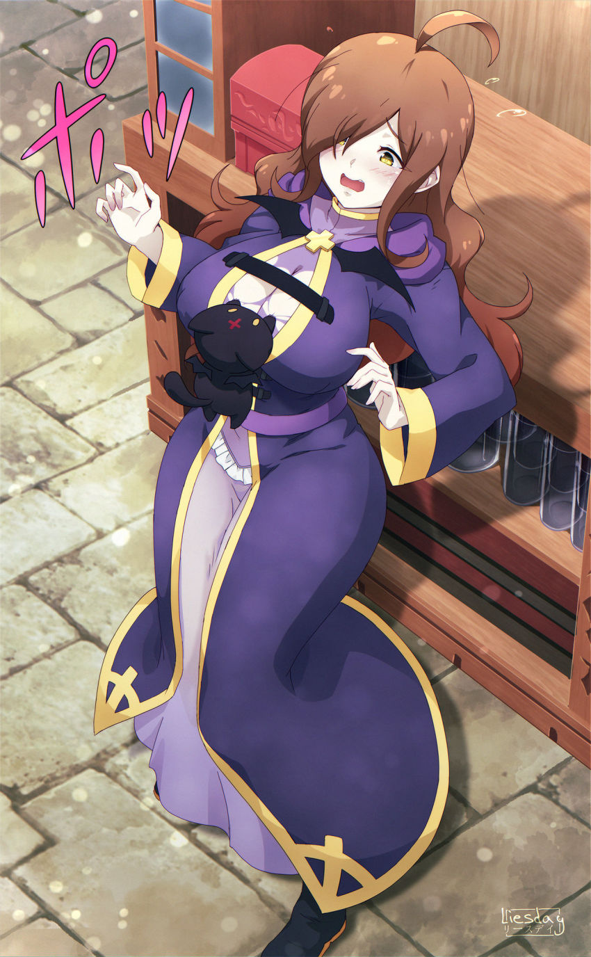 1girl, ahoge, artist_name, belt, black_belt, blush, breasts, brown_eyes, brown_hair, cat, chomusuke, cloak, cross, day, demon_cat, demon_wings, dress, embarrassed, flying_sweatdrops, hair_over_one_eye, hanging, highres, hood, hooded_cloak, kono_subarashii_sekai_ni_shukufuku_wo!, large_breasts, latin_cross, ledy, long_hair, long_sleeves, open_mouth, outdoors, purple_robe, robe, shop, standing, stone_floor, tears, wide_sleeves, wings, wiz_(konosuba)