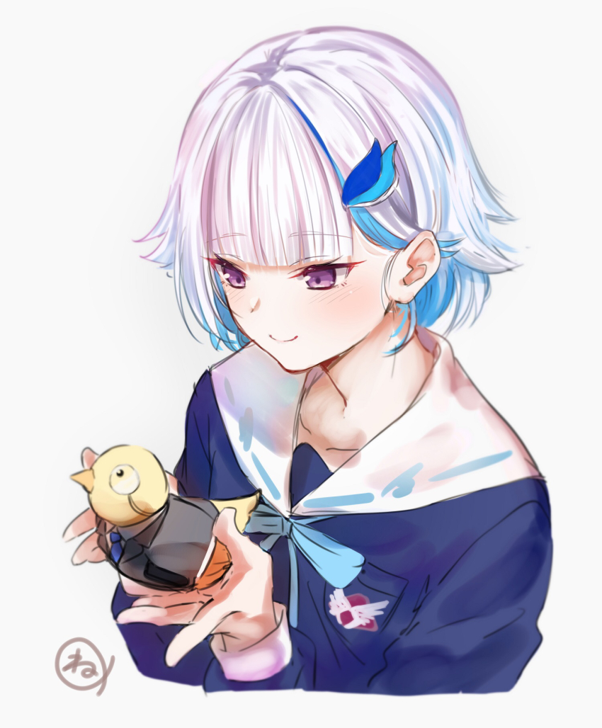 1girl, animal, bird, blue_hair, blue_necktie, collarbone, colored_inner_hair, feather_hair_ornament, feathers, hair_ornament, highres, holding, holding_animal, holding_bird, lize_helesta, looking_down, monocle, multicolored_hair, necktie, nijisanji, oh_(chabasuk), sailor_collar, sebastian_piyodore, silver_hair, smile, solo, upper_body, virtual_youtuber