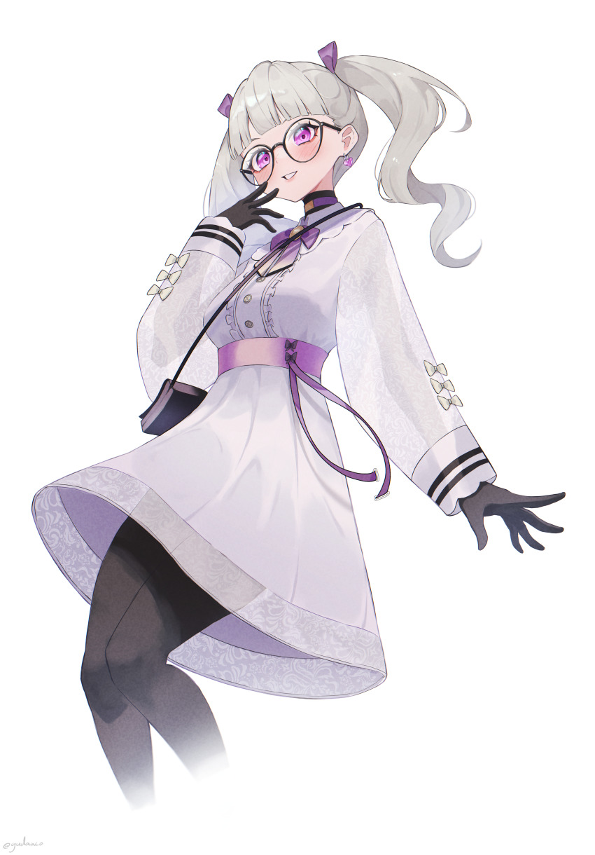 1girl, absurdres, belt, black_gloves, black_pantyhose, blush, breasts, dress, glasses, gloves, grey_dress, grey_hair, gudanco_(nyanmeowzer), haruna_swift, heavenrend, highres, looking_ahead, medium_breasts, medium_hair, pantyhose, purple_belt, round_eyewear, smile, solo, twintails, virtual_youtuber