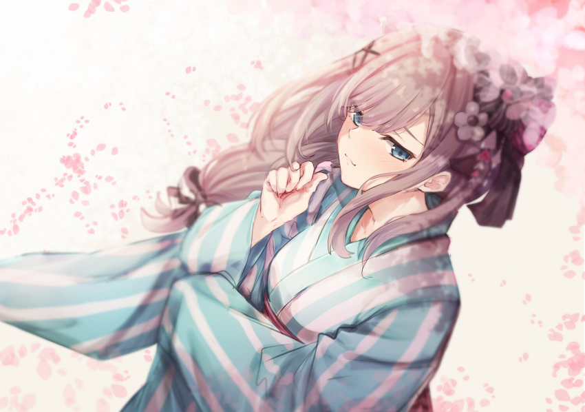 1girl, blue_eyes, breasts, brown_hair, cherry_blossoms, eyebrows_hidden_by_hair, hair_behind_ear, japanese_clothes, kimono, light_blush, looking_to_the_side, medium_breasts, nijisanji, obi, oh_(chabasuk), sash, smile, solo, striped_clothes, striped_kimono, suzuhara_lulu, suzuhara_lulu_(2nd_costume), upper_body, virtual_youtuber
