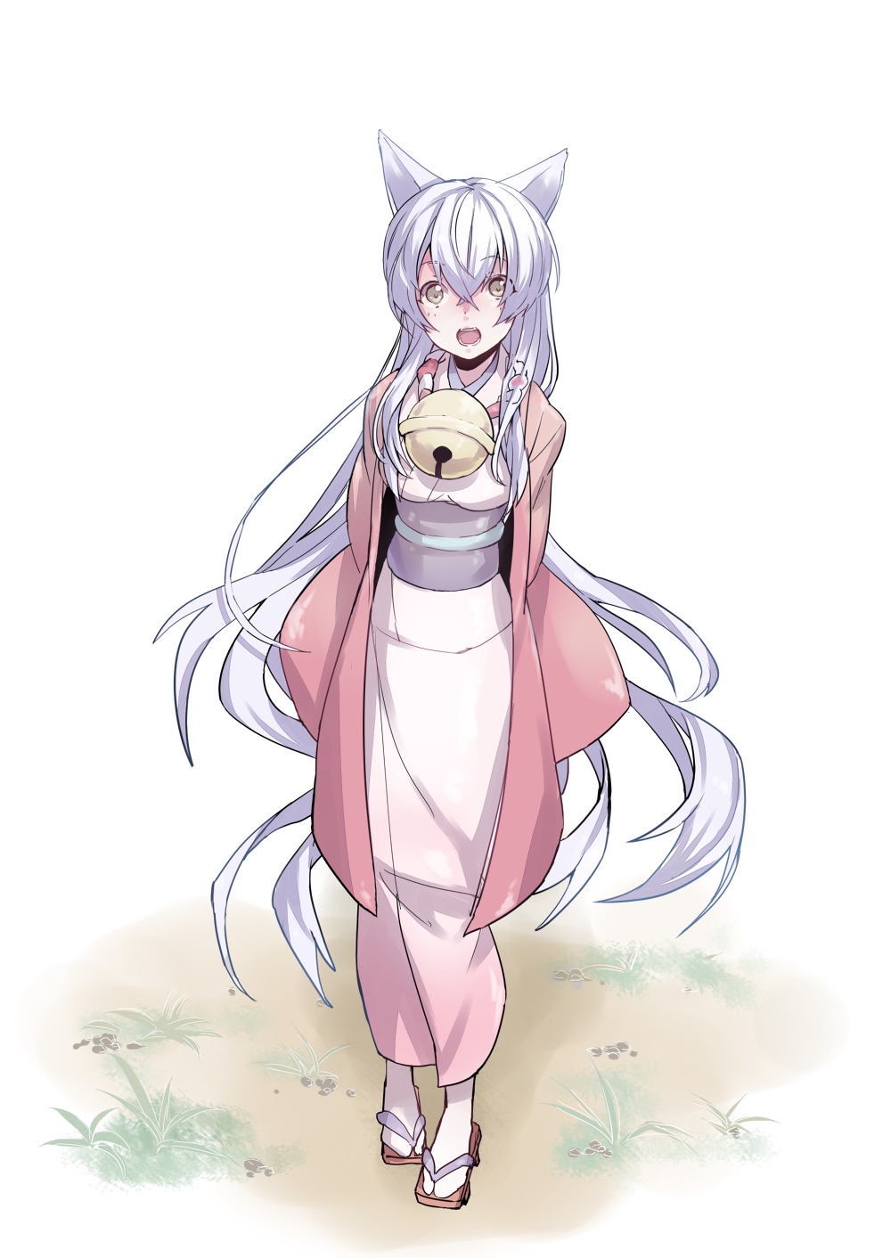 1girl, :o, animal_ears, bell, eyes_visible_through_hair, fox_ears, full_body, genderswap