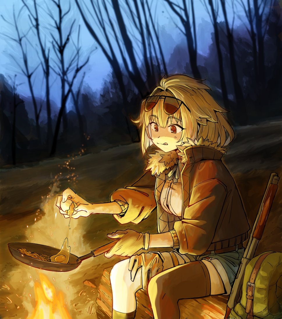 1girl, asymmetrical_legwear, black_socks, broken_egg, closed_mouth, denim, denim_shorts, eyewear_on_head