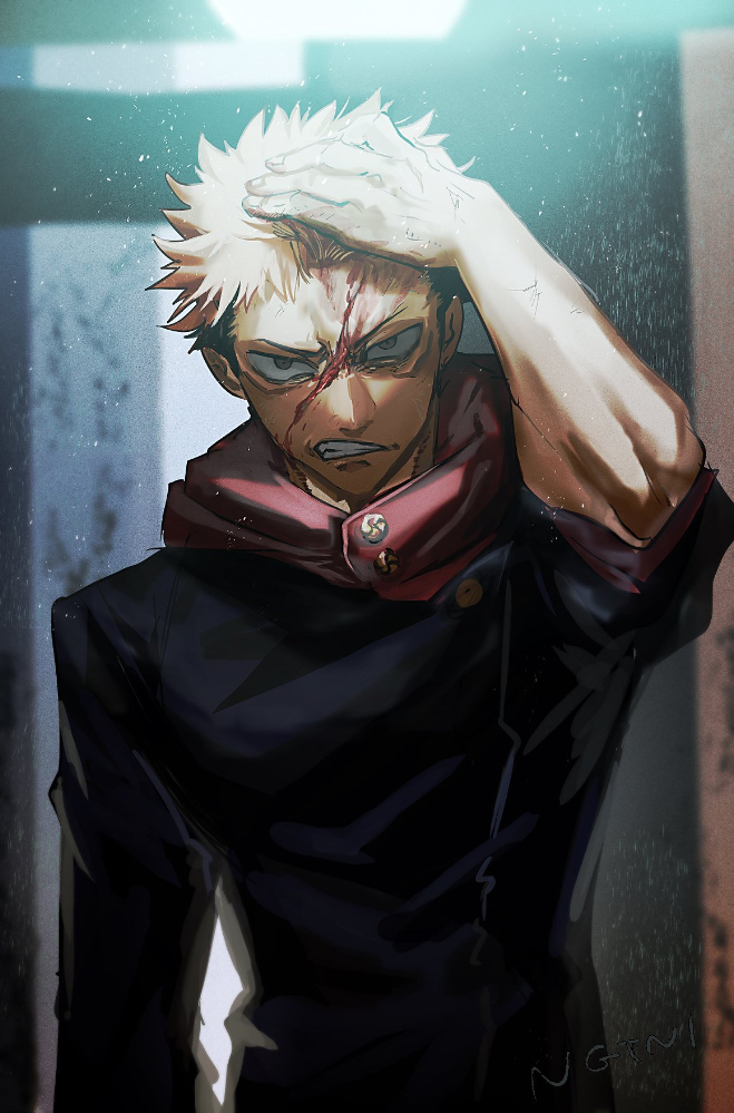 1boy, angry, arm_up, artist_name, black_hair, black_jacket, blood, blood_on_face