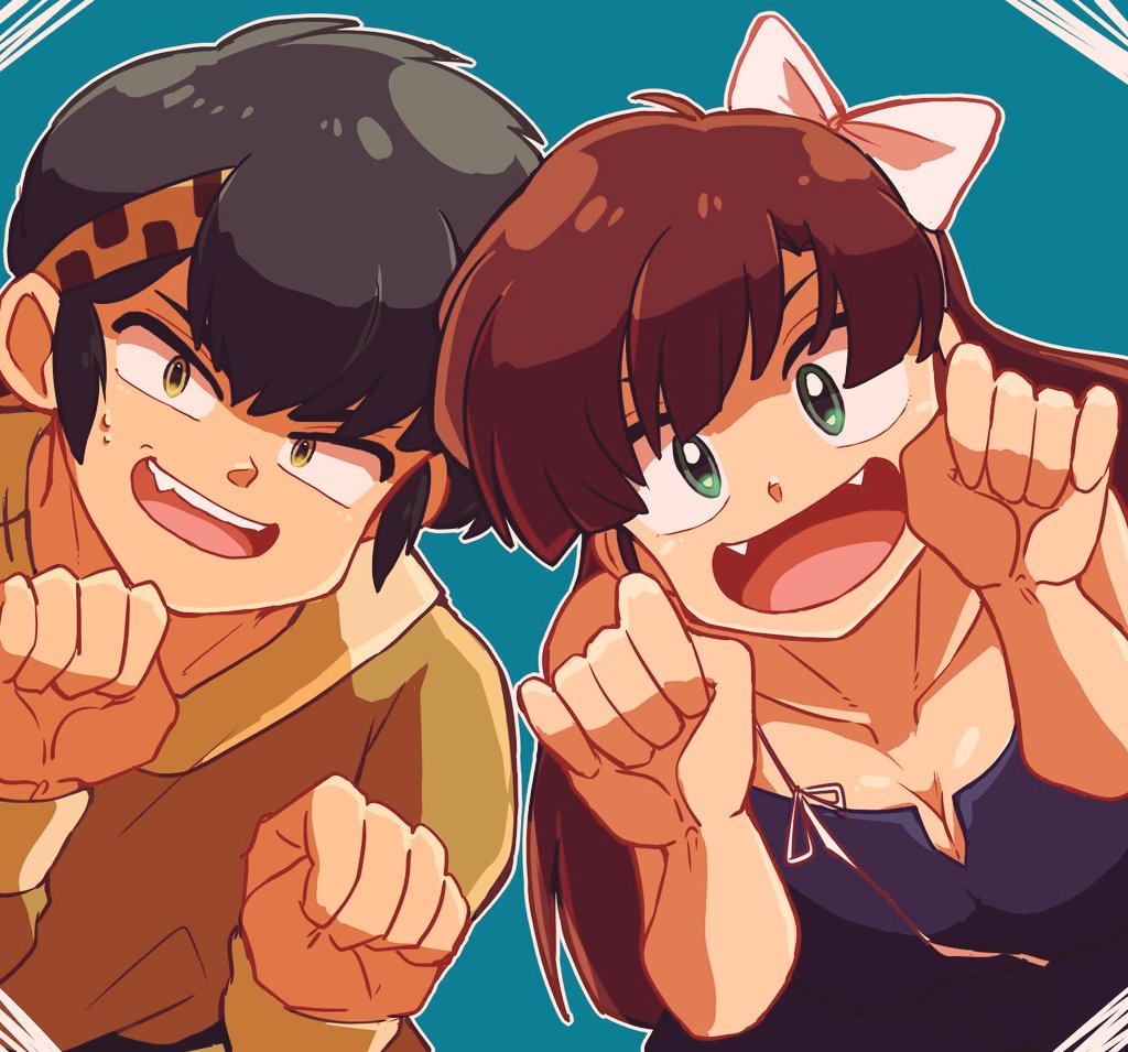 1boy, 1girl, brown_hair, fang, fangs, green_eyes, hibiki_ryouga, kuonji_ukyou