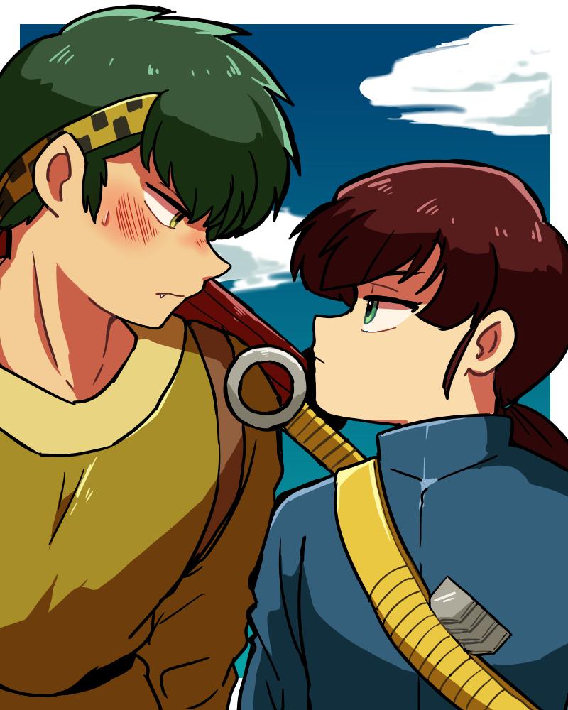 1boy, 1girl, brown_hair, cloud, green_eyes, hibiki_ryouga, kuonji_ukyou, looking_at_another