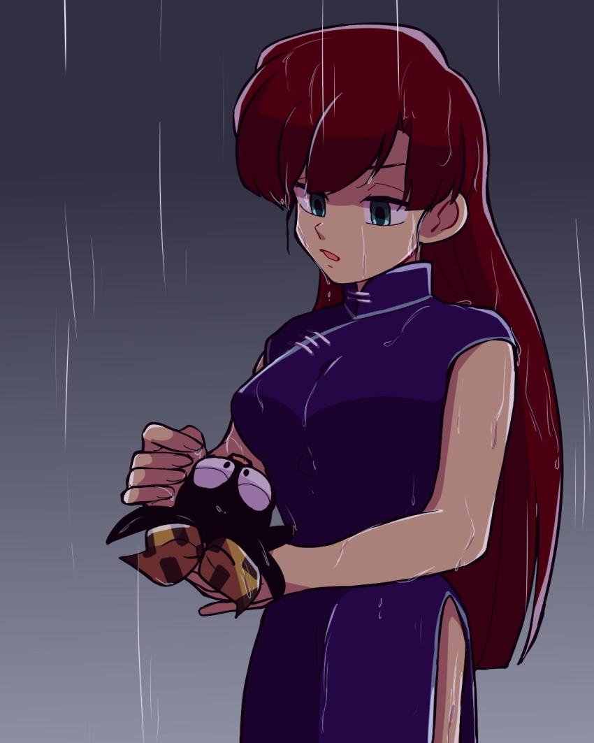 1girl, brown_hair, highres, kuonji_ukyou, maru_handa, p-chan_(ranma_1/2), pig, rain, ranma_1/2, tagme